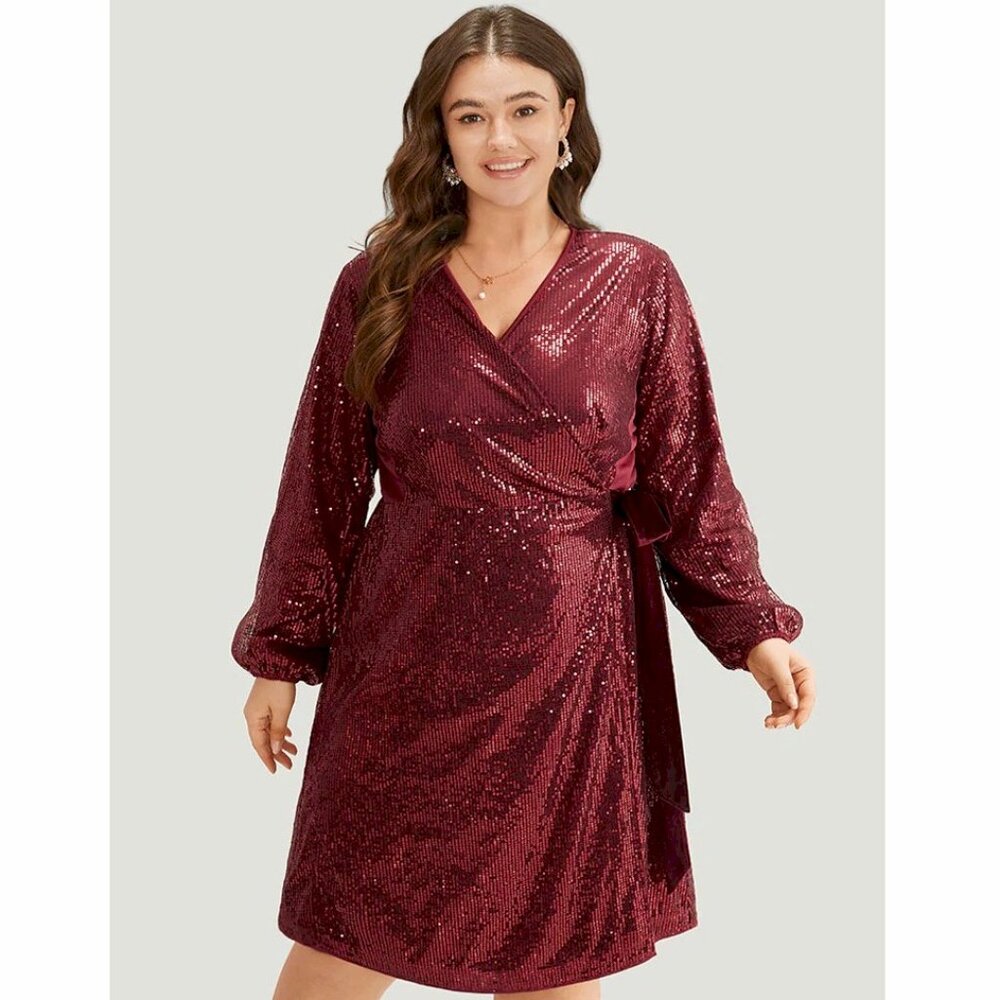 BloomChic Sequin Tie Side Surplice Neck Lantern Sleeve Dress Size 2X (18-20) NWT